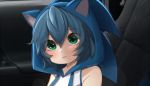  1girl :| animal_hood artist_name bare_shoulders blue_hair car_interior closed_mouth commentary eyebrows_visible_through_hair genderswap genderswap_(mtf) green_eyes hair_between_eyes hood humanization looking_at_viewer messy_hair rayrie shirt short_hair sitting sleeveless sleeveless_shirt solo sonic sonic_the_hedgehog sonic_the_hedgehog_(movie) white_shirt 