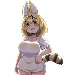  1girl :d alternate_costume animal_ear_fluff animal_ears bangs blonde_hair blush breasts brown_eyes collarbone commentary_request cowboy_shot eyebrows_visible_through_hair hair_between_eyes hand_on_hip head_tilt impossible_clothes impossible_shirt kemono_friends large_breasts open_mouth serval_(kemono_friends) serval_ears serval_tail shirt short_sleeves simple_background smile solo striped_tail tail u-non_(annon&#039;an) white_background white_shirt 