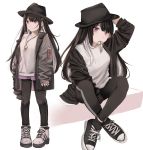  1girl absurdres arm_up black_footwear black_hair black_headwear black_jacket black_legwear black_pants breasts earrings fedora full_body hair_ornament hairclip hand_on_headwear hat highres ibuki_(ibuki0118) jacket jewelry key lock long_hair long_sleeves looking_at_viewer looking_away miniskirt mouth_hold multicolored_hair multiple_views necklace off_shoulder open_clothes open_jacket original padlock pants pants_under_skirt pink_eyes purple_skirt shirt shoes sidelocks simple_background skirt smile sneakers socks standing two-tone_hair white_background white_footwear white_hair white_shirt wing_collar 