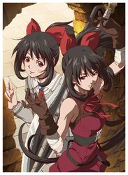  2girls akanesasu_shoujo bandaged_arm bandages belt black_hair bow brown_gloves floating_hair gloves grey_shirt hair_between_eyes hair_bow highres holding holding_sword holding_weapon long_hair long_sleeves multiple_girls neck_ribbon necktie parted_lips ponytail red_bow red_eyes red_neckwear red_ribbon ribbon shiny shiny_hair shirt sleeves smile standing sword tsuchimiya_asuka very_long_hair weapon 