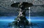  akai_ronii building city city_lights cityscape commentary fantasy giant_tree highres hole moss no_humans original river scenery skyscraper tree upside-down water waterfall 