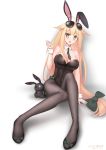  1girl animal_ears black_legwear blonde_hair breasts bunny_girl bunnysuit commentary_request eyebrows_visible_through_hair eyewear_on_head full_body girls_frontline green_eyes green_ribbon hair_ribbon large_breasts long_hair looking_at_viewer m1918_bar_(girls_frontline) mao_you_jun necktie open_mouth pantyhose rabbit_ears ribbon simple_background sitting solo stuffed_animal stuffed_bunny stuffed_toy sunglasses very_long_hair white_background wrist_cuffs 