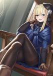  1girl bangs blonde_hair blunt_bangs boots chair coat commentary crossed_legs cuboon eyebrows_visible_through_hair fate/grand_order fate_(series) feet_out_of_frame flower gloves green_eyes hand_on_own_cheek hat hat_flower long_hair long_sleeves looking_at_viewer lord_el-melloi_ii_case_files pantyhose reines_el-melloi_archisorte scarf shawl sidelocks signature sitting skirt smile smirk solo teeth thighband_pantyhose twitter_username 