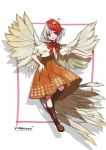  1girl :d animal animal_on_head artist_name bangs bird blush boots brown_footwear chick commentary_request dress drop_shadow eyebrows_visible_through_hair feathered_wings full_body grey_wings hand_on_hip head_tilt highres looking_at_viewer multicolored_hair namauni neck_ribbon niwatari_kutaka on_head open_mouth orange_dress red_eyes red_neckwear red_ribbon redhead ribbon shirt short_hair signature silver_hair smile solo tail_feathers touhou two-tone_hair white_background white_shirt wings 