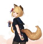  1girl :3 :d alternate_costume animal_ears bangs black_legwear black_skirt blonde_hair blush braid brown_eyes can coffee commentary_request dog_ears dog_tail erune eyebrows_visible_through_hair flower granblue_fantasy hair_flower hair_ornament highres holding holding_can looking_at_viewer open_mouth pantyhose parted_bangs pleated_skirt red_flower sailor_collar school_uniform serafuku shk955 short_hair skirt smile solo standing tail vajra_(granblue_fantasy) white_background yellow_eyes 