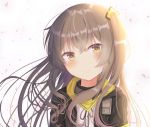  1girl :&gt; abstract_background arms_at_sides black_jacket blush brown_hair commentary_request eyebrows_visible_through_hair girls_frontline hair_between_eyes hair_ornament head_tilt jacket long_hair looking_at_viewer nibosisuzu scar scar_across_eye shiny shiny_hair shirt side_ponytail sidelighting smile solo standing ump45_(girls_frontline) upper_body very_long_hair white_background white_shirt yellow_eyes 