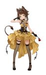  1girl animal_ears arm_up bangs black_footwear brown_gloves brown_hair chain collarbone dress flower gloves green_eyes headgear high_heels highres holding holding_flower original senano-yu short_hair simple_background solo standing tail thigh-highs thorns white_background yellow_dress 