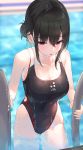 1girl bangs black_hair black_swimsuit blush breasts climbing collarbone commentary_request competition_swimsuit day groin hair_bun hair_ribbon highleg highleg_swimsuit highres kfr large_breasts long_hair looking_down one-piece_swimsuit open_mouth original outdoors pool_ladder poolside ribbon sidelocks solo swimsuit violet_eyes wet 