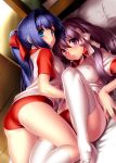  2girls all_fours bed blue_eyes blue_hair buruma clannad commentary_request company_connection crossover dutch_angle fujibayashi_kyou gym_uniform hair_intakes hair_ribbon highres kanon key_(company) long_hair looking_at_viewer lying minase_nayuki multiple_girls parted_lips ponytail purple_hair raglan_sleeves red_buruma red_ribbon ribbon shirt shoes thigh-highs uwabaki vaulting_horse violet_eyes white_legwear white_shirt zen 