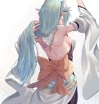  1girl arms_up bare_back bare_shoulders bow breasts commentary_request dragon_girl dragon_horns fate/grand_order fate_(series) frills from_behind gradient gradient_background holding holding_hair horns japanese_clothes kimono kiyohime_(fate/grand_order) large_bow long_hair medium_breasts obi orange_bow oukawa_yuu sash sideboob simple_background solo very_long_hair white_background white_sleeves wide_sleeves 