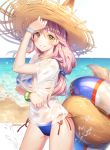  1girl animal_ear_fluff animal_ears artist_name bangle bare_arms bare_shoulders beach bikini blue_bikini bracelet breasts brown_eyes cowboy_shot ears_through_headwear fate/grand_order fate_(series) fox_ears fox_tail grin hand_up hat horizon innertube jewelry large_breasts long_hair looking_at_viewer low-tied_long_hair navel ocean pink_hair roang sand see-through_silhouette shirt side-tie_bikini smile solo standing stomach straw_hat swimsuit tail tamamo_(fate)_(all) tamamo_no_mae_(fate) thighs water wet wet_clothes wet_shirt 