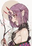  1girl bare_shoulders blush bob_cut breasts fangs fate/grand_order fate_(series) from_side highres hiranko holding_branch japanese_clothes kimono makeup oni oni_horns open_clothes open_kimono open_mouth portrait purple_hair purple_kimono revealing_clothes short_hair shuten_douji_(fate/grand_order) sideboob sketch small_breasts solo upper_body violet_eyes 