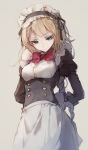  1girl apron arms_behind_back blonde_hair blue_eyes bow bowtie braid braided_ponytail commentary_request dressing eyebrows_visible_through_hair frills g36_(girls_frontline) girls_frontline highres long_hair maid maid_apron maid_headdress shuzi single_braid solo white_background 