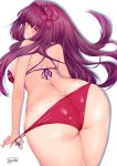  1girl alternate_costume ass bent_over bikini bikini_pull blush breasts commentary_request fate/grand_order fate_(series) flower hair_flower hair_ornament hibiscus highres large_breasts light_smile looking_back nanako_(1475647493) one_eye_closed purple_bikini purple_hair red_eyes scathach_(fate)_(all) scathach_(swimsuit_assassin)_(fate) signature simple_background solo swimsuit white_background 