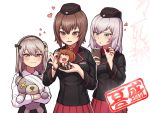  4girls :d ^_^ bandages black_hairband blue_eyes boko_(girls_und_panzer) brown_eyes brown_hair cellphone closed_eyes closed_mouth eyebrows_visible_through_hair fang girls_und_panzer hairband heart holding holding_phone itsumi_erika kuromorimine_military_uniform light_brown_eyes light_brown_hair medium_hair multiple_girls nishizumi_maho nishizumi_miho notori_d open_mouth phone pleated_skirt red_skirt shimada_arisu siblings silver_hair sisters skirt smartphone smile stuffed_animal stuffed_toy teddy_bear 