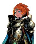  1girl armor blue_eyes braid cape earrings french_braid himukai_yuuji jewelry official_art orange_hair sekaiju_no_meikyuu sekaiju_no_meikyuu_x sheath sheathed shirt solo sword weapon 