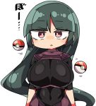  1girl blush breasts commentary_request green_hair gym_leader kanikama large_breasts long_hair looking_at_viewer lowres natsume_(pokemon) poke_ball pokemon pokemon_(game) pokemon_lgpe red_eyes simple_background solo white_background 