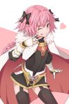  1boy armor astolfo_(fate) bangs black_bow black_legwear bow braid cloak commentary_request eyebrows_visible_through_hair fate/apocrypha fate/grand_order fate_(series) fur-trimmed_cloak fur_collar fur_trim garter_straps hair_bow heart long_braid long_hair looking_at_viewer male_focus multicolored_hair one_eye_closed open_mouth otoko_no_ko pink_hair redb single_braid smile solo streaked_hair thigh-highs tongue tongue_out v violet_eyes 