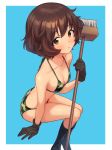  1girl akiyama_yukari bikini boots breasts broom brown_eyes brown_hair camouflage camouflage_bikini commentary girls_und_panzer gloves holding holding_broom invisible_chair knee_boots looking_at_viewer looking_up medium_hair sayshownen simple_background sitting small_breasts solo swimsuit 
