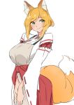  1girl alternate_body_size alternate_breast_size animal_ear_fluff animal_ears apron blonde_hair breasts commentary_request cowboy_shot fox_ears fox_tail green_eyes hakama japanese_clothes looking_away miko older ribbon_trim senko_(sewayaki_kitsune_no_senko-san) sewayaki_kitsune_no_senko-san simple_background sketch smile solo tail webslinger white_background wide_sleeves 