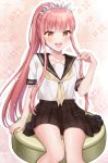  1girl :d alternate_hairstyle bare_legs black_sailor_collar black_skirt chair cowboy_shot fate/grand_order fate_(series) highres long_hair looking_at_viewer medb_(fate)_(all) medb_(fate/grand_order) naomi_(fantasia) neckerchief open_mouth pink_background pink_hair pleated_skirt ponytail sailor_collar school_uniform serafuku shirt sidelocks sitting skirt smile solo tiara white_shirt yellow_eyes yellow_neckwear 