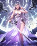  armlet artist_name bare_shoulders bracelet center_opening copyright dress energy_sword final_fantasy forehead_jewel grey_eyes halo jewelry mobius_final_fantasy moon shuichi_wada side_slit sword thigh_strap weapon white_dress white_hair 