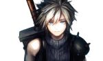  1boy asukichi_(h-asumint) blonde_hair blue_eyes buster_sword closed_mouth cloud_strife final_fantasy final_fantasy_vii highres male_focus shoulder_pads shoulder_spikes sleeveless solo spikes spiky_hair sweater sword upper_body weapon 