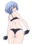  1girl ass back bangs black_bra black_gloves black_panties blue_eyes blush bra cowboy_shot eyebrows_visible_through_hair from_behind gloves gundam gundam_build_fighters gundam_build_fighters_try kijima_shia kikuchi_tsutomu looking_at_viewer looking_back open_mouth panties short_hair simple_background solo standing sweat thighs thong underwear underwear_only white_background 