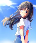  1girl arms_behind_back bangs blue_eyes blue_skirt blue_sky brown_hair commentary_request day eyebrows_visible_through_hair floating_hair grin highres long_hair looking_at_viewer looking_to_the_side original outdoors pleated_skirt rukinya_(nyanko_mogumogu) school_uniform shirt short_sleeves skirt sky smile solo white_shirt 