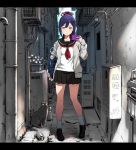  1girl alley bag black_cat blue_hair can cardigan cat cellphone flower_pot holding holding_phone loafers long_hair long_sleeves looking_at_viewer nijisanji phone pleated_skirt ponytail school_bag school_uniform serafuku shizuka_rin shoes skirt smartphone socks solo standing ume_(yume_uta_da) virtual_youtuber yellow_eyes 