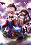  2girls absurdres asymmetrical_hair autumn_leaves bat black_legwear blue_eyes blue_kimono breasts brown_hair cloak closed_mouth commentary_request detached_sleeves drawing_tablet dual_wielding earrings eyebrows_visible_through_hair fate/grand_order fate_(series) full_moon gradient_hair hair_ornament hairband hane_yuki highres holding holding_sword holding_weapon hood hood_down huge_filesize japanese_clothes jewelry katana kimono large_breasts leaf_print long_hair low_twintails magatama maple_leaf_print miyamoto_musashi_(fate/grand_order) moon multicolored_hair multiple_girls navel_cutout obi open_mouth origami osakabe-hime_(fate/grand_order) outdoors pink_hair ponytail purple_skirt sandals sash sheath short_kimono skirt sleeveless sleeveless_kimono sword thigh-highs twintails unsheathed very_long_hair violet_eyes weapon wide_sleeves 