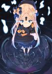  1girl abigail_williams_(fate/grand_order) bangs black_bow black_dress black_footwear black_headwear blonde_hair bloomers blue_eyes bow bug butterfly closed_mouth commentary_request different_reflection dress fate/grand_order fate_(series) hair_bow hat highres insect keyhole long_hair long_sleeves object_hug orange_bow parted_bangs polka_dot polka_dot_bow reflection ripples shoes sleeves_past_fingers sleeves_past_wrists solo standing stuffed_animal stuffed_toy tapioka_(oekakitapioka) teddy_bear tentacles underwear very_long_hair white_bloomers 