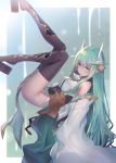  1girl aqua_background aqua_hair bangs bare_shoulders blurry blurry_background breasts commentary_request detached_sleeves dragon_girl dragon_horns eyebrows_visible_through_hair fate/grand_order fate_(series) floating hair_between_eyes horns japanese_clothes kiyohime_(fate/grand_order) knees_together_feet_apart leg_armor long_hair lying medium_breasts obi on_back oukawa_yuu sandals sash solo thigh-highs very_long_hair white_sleeves wide_sleeves yellow_eyes 
