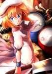  1girl beret blood blue_eyes breasts crazy_eyes dress hat hatchet higurashi_no_naku_koro_ni holding holding_weapon long_dress looking_at_viewer looking_back marimo_(yousei_ranbu) nose_hatchet orange_hair purple_ribbon ribbon ryuuguu_rena short_hair solo_focus weapon wide-eyed wristband 