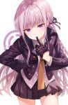  1girl absurdres arm_behind_back bangs biting blush braid cowboy_shot dangan_ronpa dangan_ronpa_1 eyebrows_visible_through_hair finger_biting gloves hands highres jacket kirigiri_kyouko leaning_forward long_hair long_sleeves looking_at_viewer necktie open_mouth pleated_skirt purple_hair purple_skirt school_uniform side_braid sidelocks simple_background skirt solo standing tokkyu_(user_mwwe3558) violet_eyes white_background 