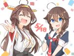  2girls ahoge black_gloves black_serafuku blue_eyes braid brown_hair closed_eyes double_bun fingerless_gloves gloves hair_flaps hair_over_shoulder headgear highres kantai_collection kongou_(kantai_collection) long_hair looking_at_viewer multicolored multicolored_background multiple_girls neckerchief nontraditional_miko open_mouth red_neckwear remodel_(kantai_collection) sakikumo_(sakumo) school_uniform serafuku shigure_(kantai_collection) smile upper_body upper_teeth white_background 