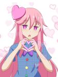  1girl bangs blue_shirt blush bow bowtie cato_(monocatienus) circle commentary eyebrows_visible_through_hair hair_between_eyes hair_ornament hata_no_kokoro heart heart_hair_ornament heart_hands long_hair looking_at_viewer open_mouth pink_eyes pink_hair plaid plaid_shirt purple_bow purple_neckwear shirt short_sleeves sidelocks simple_background solo star touhou triangle unmoving_pattern upper_body very_long_hair white_background 