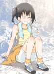  1girl ^_^ bangs bare_arms bare_shoulders black_hair blue_footwear blush bottle camisole closed_eyes clothes_around_waist eyebrows_visible_through_hair fujisaka_lyric full_body grin hair_between_eyes holding holding_bottle kuraue_hinata orange_legwear shoes short_shorts shorts sidelocks sitting smile socks solo striped striped_camisole sweat twintails water_bottle white_shorts yama_no_susume 