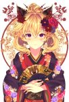  1girl animal_ear_fluff animal_ears bangs blonde_hair blush breasts commentary_request eyebrows_visible_through_hair fan floral_print flower folding_fan fox_ears hair_flower hair_ornament hair_up hairpin highres holding holding_fan japanese_clothes kimono large_breasts long_hair looking_at_viewer mizuyoukan_(mikususannda) nail_polish obi original pink_nails sash sidelocks smile solo two_side_up upper_body violet_eyes wide_sleeves 