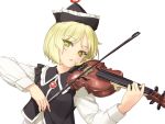  1girl blonde_hair bow_(instrument) dress_shirt hat instrument long_sleeves looking_at_viewer lunasa_prismriver music parted_lips playing_instrument rokuwata_tomoe shirt short_hair simple_background solo touhou upper_body vest violin white_background white_shirt yellow_eyes 