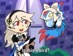  1girl brick_wall corrin_(fire_emblem) corrin_(fire_emblem)_(female) fire_emblem fire_emblem_fates floating intelligent_systems is_this_a_pigeon lilith_(fire_emblem) looking_at_another maid_headdress meme nintendo pointing pointy_ears red_eyes setz sweatdrop taiyou_no_yuusha_fighbird white_hair window yellow_sclera yuusha_series 