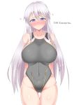  1girl aki_(akiiiiiiiii1875) arms_behind_back ass_visible_through_thighs azur_lane bare_shoulders blush breasts character_name commentary_request competition_swimsuit covered_navel cowboy_shot embarrassed enterprise_(azur_lane) highres large_breasts long_hair one-piece_swimsuit silver_hair solo standing swimsuit thighs violet_eyes white_background 