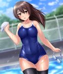 1girl alternate_costume alternate_hairstyle black_legwear blue_sky blue_swimsuit blurry blurry_background breasts brown_eyes brown_hair chain-link_fence collarbone commentary_request competition_school_swimsuit covered_navel cowboy_shot day fence goggles goggles_removed hair_down kaga_(kantai_collection) kantai_collection long_hair medium_breasts one-piece_swimsuit outdoors poolside school_swimsuit sky solo swim_cap swim_cap_removed swimsuit thigh-highs wet wet_clothes zanntetu 