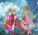  2girls adult aura boots breasts cape chiki child cloak closed_eyes commentary_request crying crying_with_eyes_open dragon_girl dress dual_persona fire_emblem fire_emblem:_kakusei fire_emblem:_mystery_of_the_emblem fire_emblem_heroes fire_emblem_musou forest gloves green_hair hair_between_eyes hair_ornament hair_ribbon hand_on_another&#039;s_face holding hood hood_down hooded_cloak intelligent_systems jewelry large_breasts long_hair looking_at_another mamkute multiple_girls nature nintendo older open_mouth parted_lips pink_cape pointy_ears ponytail red_cloak red_footwear red_gloves red_ribbon redhead ribbon sasaki_(dkenpisss) short_dress smile stone super_smash_bros. tears teenage tiara time_paradox younger 