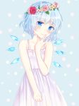  1girl bangs bare_arms bare_shoulders blue_eyes blue_hair blush cirno closed_mouth collarbone commentary_request dress eyebrows_visible_through_hair flower flower_wreath hair_flower hair_ornament hand_on_own_face hand_up head_wreath ice ice_wings looking_at_viewer nibosisuzu rose short_hair simple_background sleeveless sleeveless_dress smile solo standing sundress touhou white_dress wings 