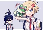 2boys absurdres alternate_costume backpack bag basil_(omori) black_eyes black_hair blonde_hair blue_eyes blush breast_pocket collared_shirt expressionless flower hair_flower hair_ornament highres looking_at_another multiple_boys necktie omori one_eye_closed open_mouth pocket pokemon pokemon_(game) pokemon_sv red_necktie shio_0585 shirt short_sleeves smile sprigatito sunny_(omori) umbreon white_shirt