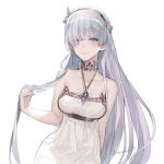  1girl amulet anastasia_(fate/grand_order) arm_behind_back breasts casual closed_mouth commentary_request dress fate/grand_order fate_(series) grey_eyes hair_over_one_eye hairband jewelry light_smile long_hair medium_breasts necklace pota_(bluegutty) silver_hair simple_background solo strapless strapless_dress very_long_hair white_dress 
