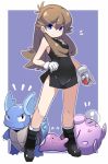  &gt;:) 1girl bangs bare_shoulders black_dress black_footwear blue_(pokemon) blush boots breasts brown_hair closed_mouth commentary_request ditto dress eyebrows_visible_through_hair flying_sweatdrops full_body gen_1_pokemon gloves groin hair_between_eyes holding holding_poke_ball impossible_clothes impossible_dress jigglypuff karukan_(monjya) long_hair nose_bubble poke_ball poke_ball_(generic) pokemon pokemon_(creature) pokemon_special short_dress sidelocks sleeveless sleeveless_dress small_breasts smile socks standing v-shaped_eyebrows very_long_hair wartortle white_gloves white_legwear 