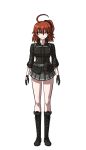  1girl ahoge belt black_footwear black_gloves black_jacket black_scrunchie boots breasts brown_eyes dangan_ronpa eyebrows_visible_through_hair fate/grand_order fate_(series) fujimaru_ritsuka_(female) full_body gloves grey_skirt hair_between_eyes hair_ornament hair_scrunchie highres jacket knee_boots komatsuzaki_rui_(style) looking_at_viewer medium_breasts medium_hair military military_jacket military_uniform miniskirt one_side_up orange_hair parody pleated_skirt polar_chaldea_uniform scrunchie shiny shiny_hair skirt smile solo standing style_parody transparent_background uniform yumaru_(marumarumaru) 