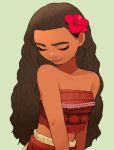  1girl arms_at_sides bare_arms bare_shoulders brown_hair closed_eyes curly_hair dark_skin disney eyelashes flower grey_background hair_flower hair_ornament head_tilt hibiscus light_smile long_hair midriff moana_(movie) moana_waialiki pano_(mohayayamai) red_flower simple_background solo strapless thick_eyebrows tubetop upper_body 